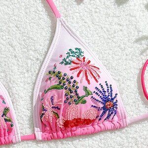 Multicolor Embroidered Halter Tie Women's Bikini Set